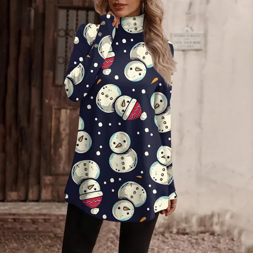 Miniatura 5 de Christmas Shirts for Women, Women's Casual High Neck Shirt Button-Down Loose T-Shirt Christmas Print Long Sleeve Tops