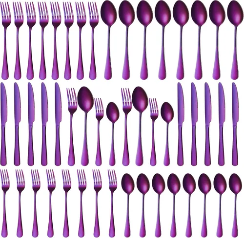 Minatee Juego de cubiertos morados de 50 piezas para 10 cubiertos de acero inoxidable, utensilios de metal, cubiertos incluyendo cuchillos,