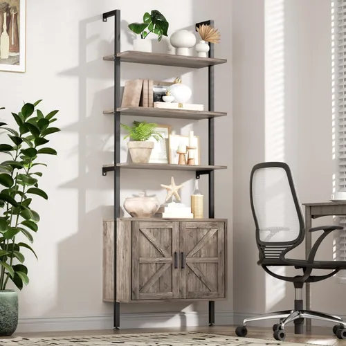 Miniatura 3 de Estantería de escalera con gabinete, estantería industrial de 6 niveles con diseño de escalera para montaje en pared con gabinete estilo granja