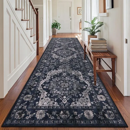 Miniatura 30 de nesrt Alfombra bohemia lavable de 2 x 10 pies, suave, antideslizante, extra larga, alfombra de cocina, color negro, vintage, geométrico, camino