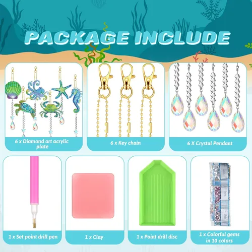 Miniatura 4 de Tradder Juego de 6 piezas de arte de diamantes para adultos, adorno de arte de diamante, campanillas de viento de doble cara con colgante de cristal