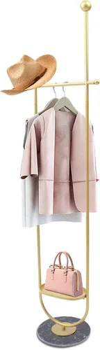 Miniatura 16 de Perchero para ropa de 67 pulgadas con base de almacenamiento y ganchos, perchero resistente para colgar ropa, bolsos, sombreros y zapatos para Dorado