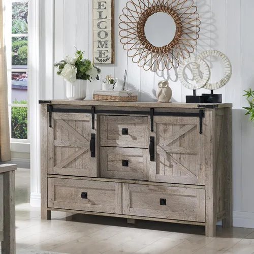 Miniatura 17 de T4TREAM Cómoda de 5 cajones para dormitorio con puerta de granero deslizante, cómoda moderna alta de estilo granja, 5 cajones, organizador de Roble