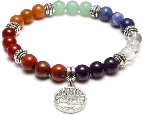 JOVIV brazalete elástico de las 7 chakras con piedras preciosas y piedra de lava para balance de meditación y sanación yoga. cuenta de piedras
