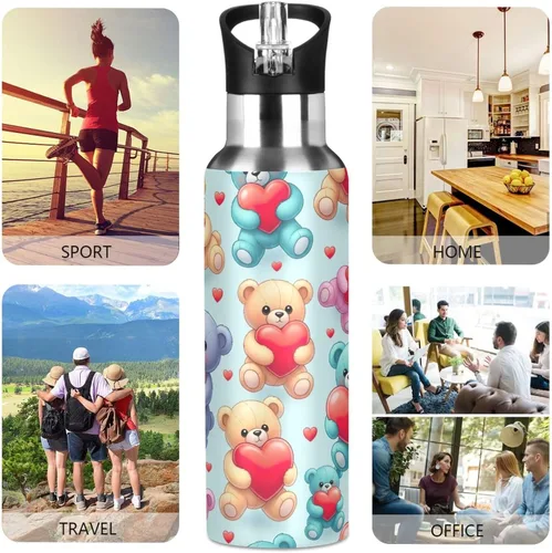 Miniatura 5 de Insulated Water Bottle 32 Oz, BPA-Free Sports Water Bottle with Straw for Gym Outdoor Travel School, Cute Bears Red Hearts