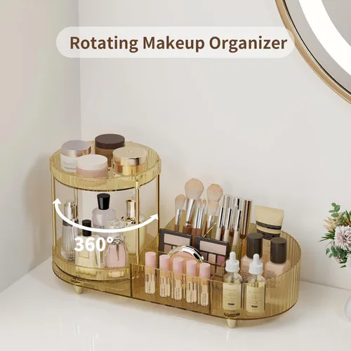 Miniatura 2 de Organizador de maquillaje giratorio para tocador, 2 bandejas de perfume con 5 compartimentos, almacenamiento de cosméticos y cuidado de la piel