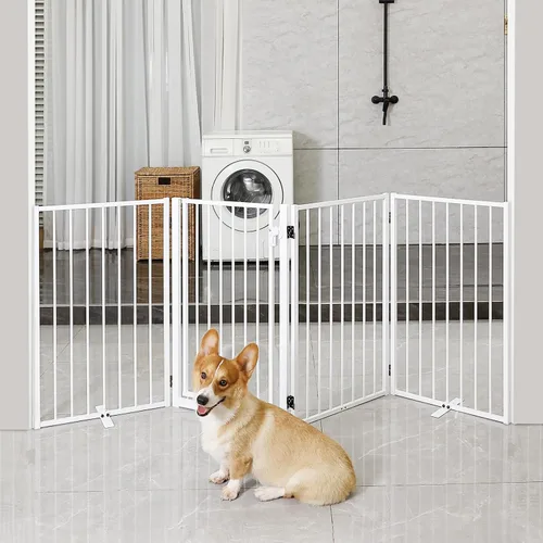 Miniatura 7 de Puertas de metal independientes para perros con puerta para interiores y exteriores, 80 pulgadas, extra ancho, 32 pulgadas de alto, puerta Blanco