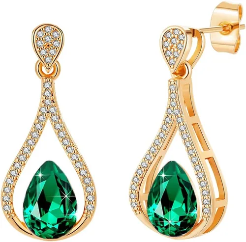 Aretes tipo dormilona con forma de lágrima de cristal austriaco para mujer, chapados en oro rosa de 14 quilates, hipoalergénicos, regalos de joyería