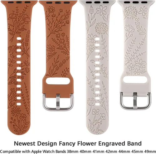 Miniatura 4 de Correa de silicona grabada con flores compatible con correas de Apple Watch de 1.496 pulgadas, 1.575 pulgadas, 1.614 pulgadas, bonita correa Marrón