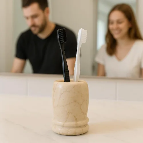 Miniatura 3 de Creative Home Organizador de cepillos de dientes de mármol beige natural, redondo, 3 ranuras, para encimera de baño, soporte para cepillos