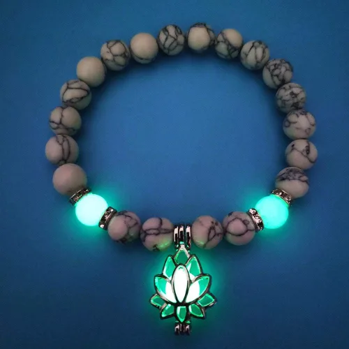 Miniatura 8 de Pulsera luminosa con forma de flor de loto que brilla en la oscuridad para mujer, piedras turquesas naturales, joyería de oración de yoga, Metal