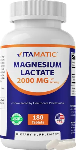 Vitamatic Lactato de magnesio 2000 mg por porción – 180 tabletas – Apoya la salud muscular, del corazón, de los huesos y del sistema nervioso* – Sin