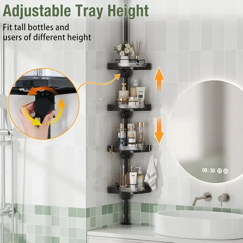 Miniatura 4 de shuang qing Organizador de Ducha de Esquina Giratoria de 360° con Poste de Tensión - Organizador de 4 Niveles Ajustable de Metal Resistente a