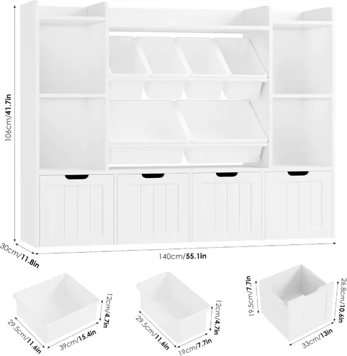 Miniatura 7 de FINETONES Organizador de almacenamiento de juguetes de 55.1 pulgadas con 6 cubos de juguetes, organizador grande de juguetes, estantería para niños