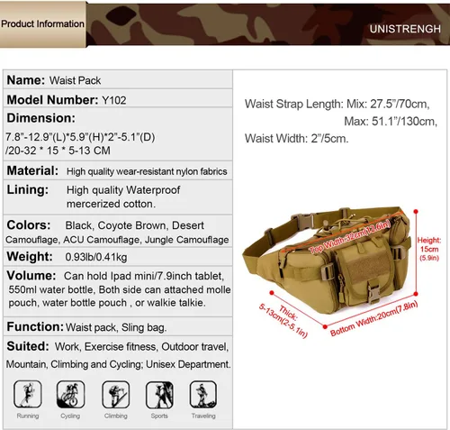 Miniatura 3 de Riñonera táctica militar impermeable WR para escalada al aire libre, pesca, correr, caza, compatible con iPhone 8, 7, 7plus (marrón coyote)
