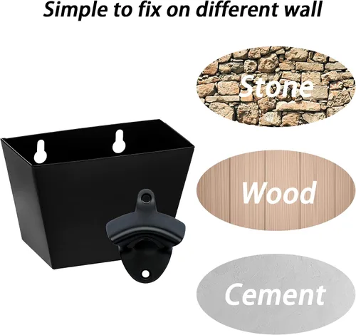Miniatura 4 de Abrebotellas de montaje en pared negro con orificios de drenaje de acero inoxidable con captador de tapa