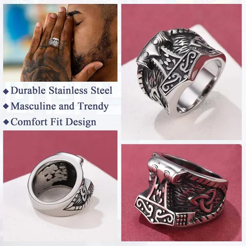 Miniatura 2 de FaithHeart Norse Viking Jewelry - Anillo de acero inoxidable de guerrero para hombre con diseño vikingo de cabeza de lobomartillo de Thor