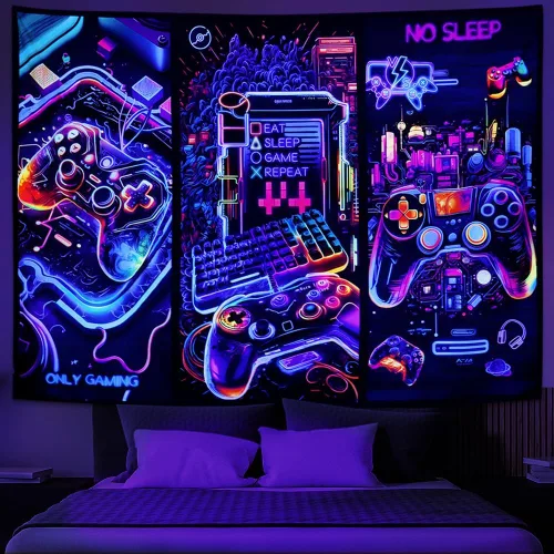 Miniatura 4 de Galoker Tapiz de luz negra para juegos, tapiz de controlador de juego de neón genial, tapiz reactivo a los rayos UV, tapices de pared para jugadores