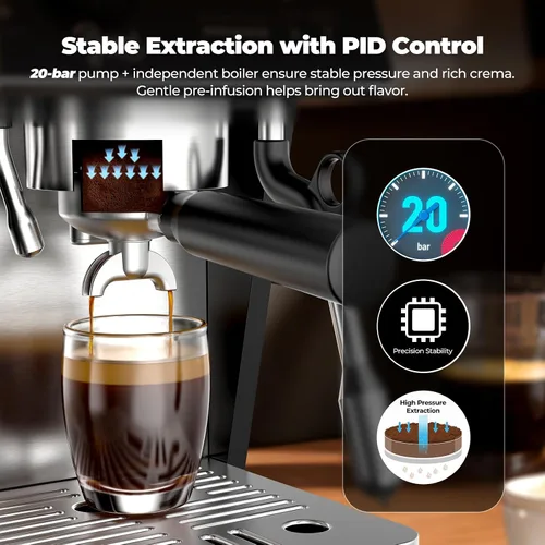 Miniatura 7 de Máquina de café espresso semiautomática de doble caldera con molinillo integrado, portafiltro de 2.283 in, pantalla TFT y varita de vapor espumador