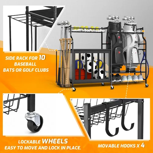Miniatura 5 de PLKOW Organizador de Equipo Deportivo, Estante de Almacenamiento de Bolas para Garaje, Organizador para 2 Bolsas de Golf y Equipo Deportivo