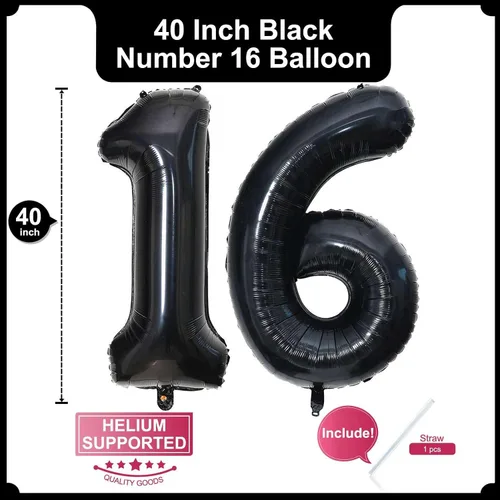 Miniatura 2 de Globo negro de 40 pulgadas con el número 16, 61 de gran tamaño, de papel de aluminio de Mylar gigante, globos negros de helio para fiesta