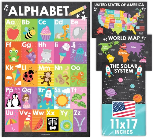 Miniatura 9 de Hadley Designs 4 carteles del alfabeto, mapa de Estados Unidos, mapa del mundo y sistema solar, gráficos ABC laminados para decoración de pared