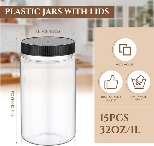 Miniatura 2 de Eaasty Paquete de 15 tarros de plástico de 32 onzas con tapas, tarros transparentes de masón, recipientes de almacenamiento grandes, boca ancha