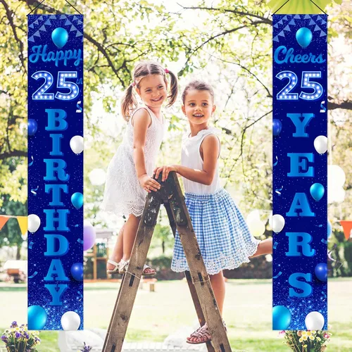 Miniatura 7 de Cartel de feliz cumpleaños 25 color azul y negro, decoración temática de globos de confeti para mujeres de 25 años, suministros de cumpleaños
