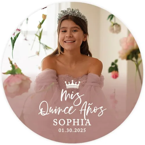 Miniatura 16 de Andaz Press Paquete de 40 etiquetas redondas personalizadas de 2" para quinceañera, etiquetas adhesivas Mis Quince con foto personalizada para Mis