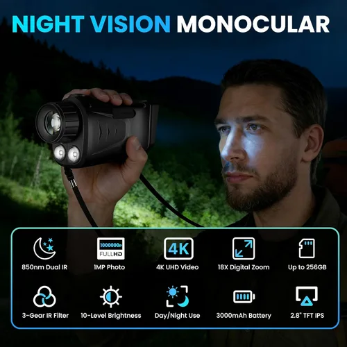 Miniatura 7 de VXF Monocular de visión nocturna, alcance de visión nocturna 4K para 100% oscuridad con batería recargable de 3000 mAh, tarjeta SD de 3+32 GB