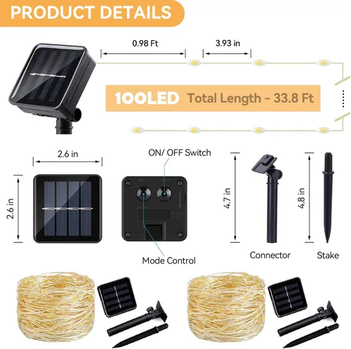 Miniatura 6 de LIGHTOP Guirnalda de luces solares al aire libre, luces de hadas para exteriores, impermeables, de alambre de cobre, paquete de 2, 10.06 m, 100 LED