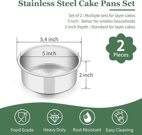 Miniatura 2 de TeamFar 5 Inch Cake Pan Set of 2, Stainless Steel Small Layer Cake Baking Pans Tins, Round Bakeware for Birthday Wedding Party, Non-Toxic & Healthy