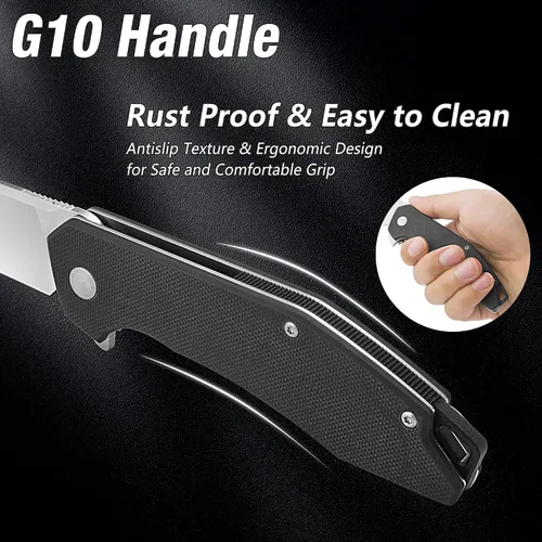 Miniatura 4 de FLISSA Cuchillo de bolsillo, cuchillo táctico plegable con mango G10, hoja D2, seguro de revestimiento, clip de bolsillo, cuchillo EDC para Negro