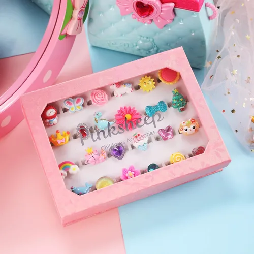 Miniatura 3 de PinkSheep Little Girl Jewel Rings in Box, Adjustable, No Duplication, Girl Pretend Play and Dress Up Rings (24 Lovely Ring)