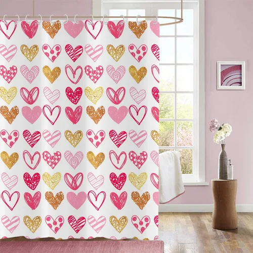 Cortina de ducha para el día de San Valentín, parte inferior con peso, diseño romántico de amor, estilo garabato, color rosa y dorado, cortina de
