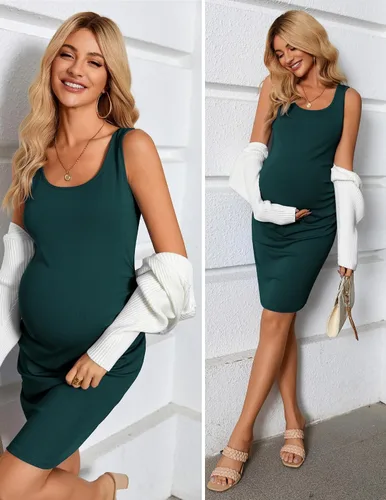 Miniatura 4 de Ekouaer Vestido de maternidad de verano para mujer, con fruncido lateral, sin mangas, vestido de embarazo, tallas S-XXL