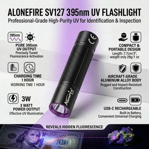 Miniatura 2 de ALONEFIRE SV127 Mini 395nm Linterna UV USB C recargable Blacklight Woods Lámpara Detector de Dinero Luz Negra para Detetector de Orina de Mascotas