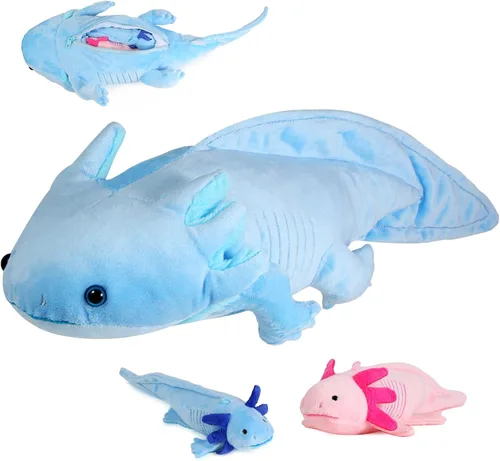 Peluche de ajolote azul con 2 pequeños animales de peluche de ajolote, juego de 3 piezas de animales de peluche suaves con cremalleras, mamá axolote