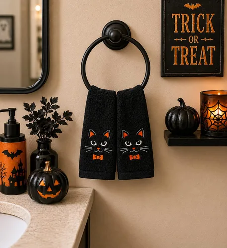 Miniatura 17 de Serafina Home Juego de 2 toallas de baño de Halloween – Juego de 2 toallas de algodón negro – 18 x 11 pulgadas bordado de murciélago en diseño
