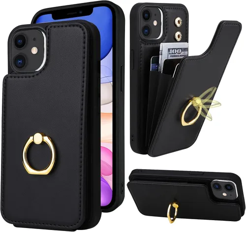 Funda compatible con iPhone 11 con tarjetero y soporte para tarjetas, soporte de anillo de dedo de rotación de 360º, función atril, protección RFID,