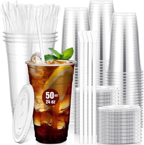 Miniatura 10 de Eaasty Juego de 150 vasos de plástico transparente de 16 onzas con cuchara, pajitas y tapas planas, desechables, para café helado, postre, yogur