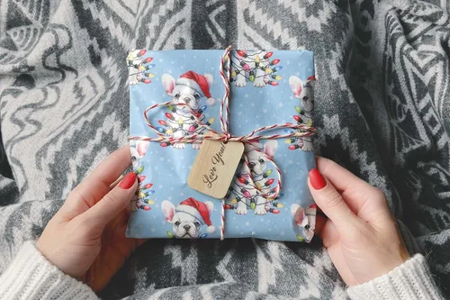 Miniatura 8 de Lindas luces de Navidad, papel de regalo de bulldog francés de Navidad, decoración de Navidad con temática de perro cachorro