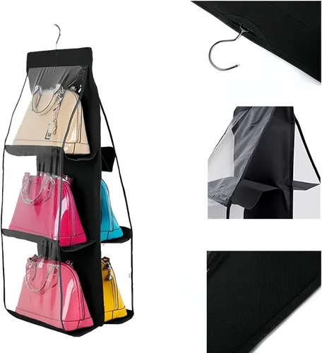 Miniatura 4 de HAN SHENG Organizador transparente para bolsos y bolsos, con 6 bolsillos, almacenamiento para colgar bolsas, estante colgante que ahorra espacio