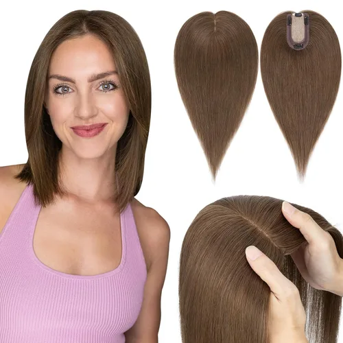 Miniatura 38 de Hairro Toppers de cabello humano 100% real para mujeres sin flequillo, postizos de cabello real con clip, base de seda transpirable para cubrir