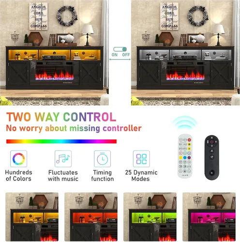 Miniatura 3 de jiteentarou Soporte de TV con chimenea de granja para TV de 70/75/80 pulgadas, centro de entretenimiento de 32 pulgadas de alto con chimenea Negro