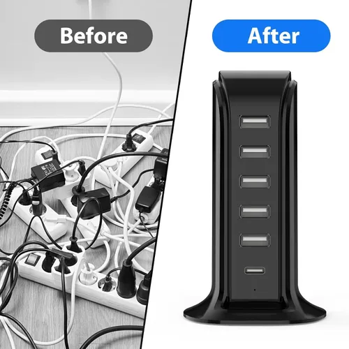 Miniatura 2 de Estación de carga USB para múltiples dispositivos, torre de carga multipuerto, puerto USB-C compatible con carga rápida PD compatible con iPhone