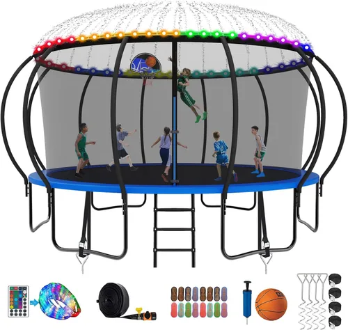 SKYUP 2026 Upgraded 8 10 12 14 15 16 FT 1500lbs Tranpoline for Kids and Adults with Light+Sprinkler+Socks, Recreational Tranpoline with Basketball
