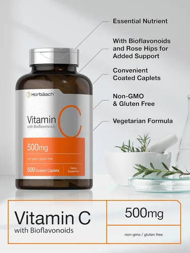Miniatura 3 de Horbäach Vitamina C de 500 mg 500 cápsulas con bioflavonoides y escaramujos Suplemento para mujeres y hombres Vegetariano, sin OMG y sin