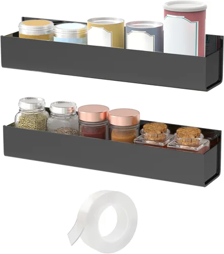 VAEHOLD Estante de especias acrílico adhesivo con cinta nano de doble cara, organizador de montaje en pared, estante de especias de pared negro con