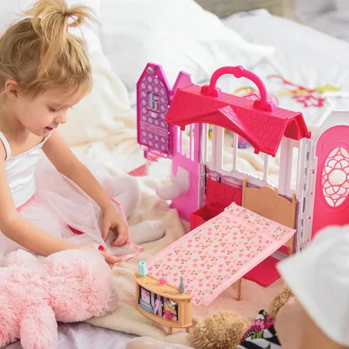 Miniatura 9 de Juego de ropa de cama de casa de muñecas rosa a escala 1:12, edredón de tela suave, sábana y 3 almohadas para escenas realistas de dormitorio